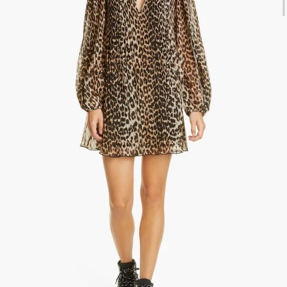 Ganni Leopard Print Pleated Georgette Long Sleeve Minidress - Picture 1 of 6